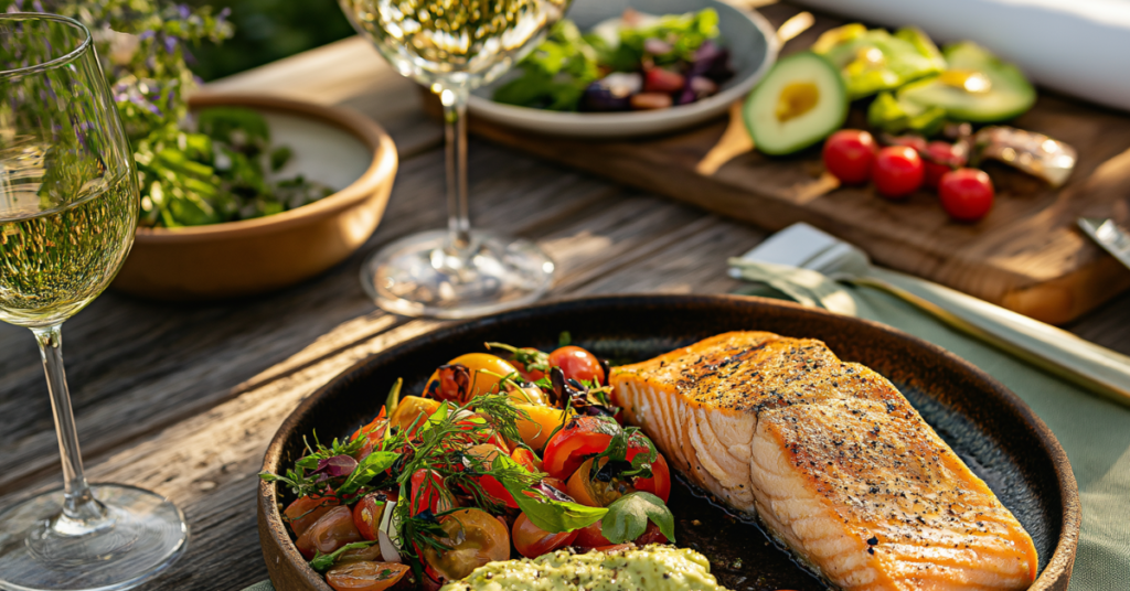 Grilled salmon with fresh vegetables and white wine – easy healthy dinner idea