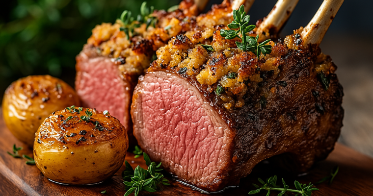 Close-up of a golden-brown herb-crusted rack of lamb, resting on a wooden board with fresh thyme.
