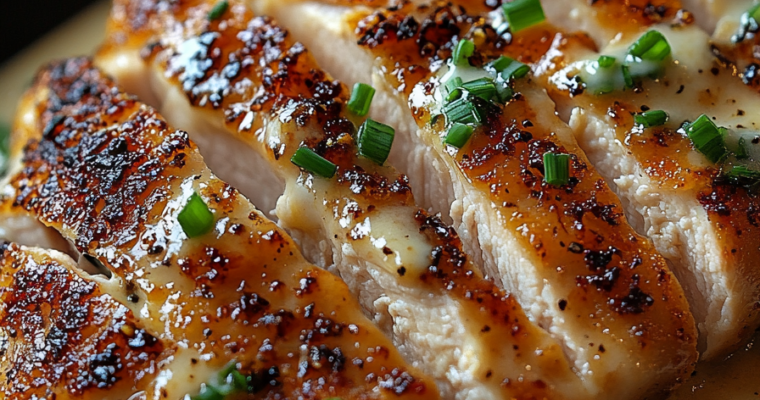 Close-up of juicy parmesan crusted chicken breast garnished with chopped herbs in a creamy garlic sauce.