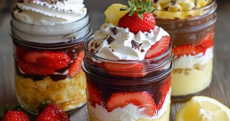 Individual Strawberry Shortcake Trifles layered with whipped cream, strawberries, and cake in mason jars on a rustic wood table