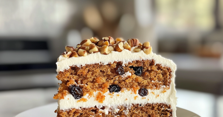 Close-up of a slice of homemade carrot cake with cream cheese frosting and nut crumble topping, perfect for Easter celebrations.