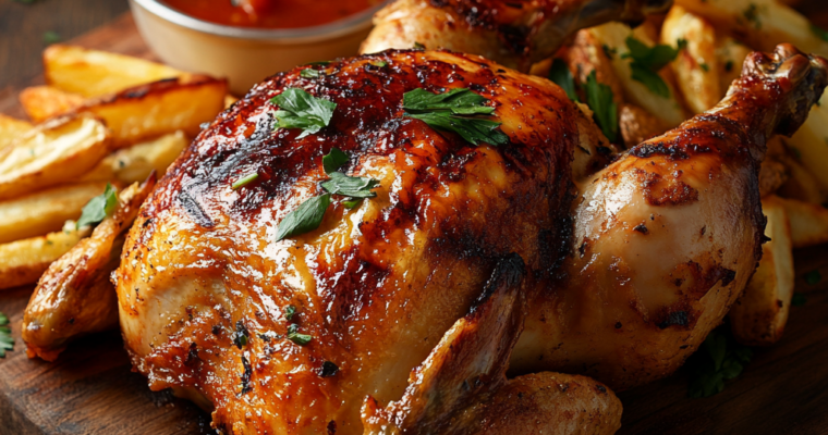 Grilled whole chicken with golden, crispy skin garnished with fresh herbs on a rustic wooden board.