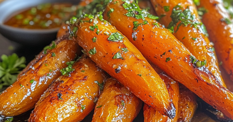 Honey roasted carrots served on a rustic plate, garnished with chopped parsley.