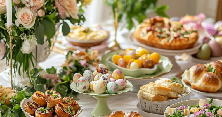 Elegant spring brunch table with floral centerpiece, deviled eggs, braided bread, and colorful seasonal dishes.