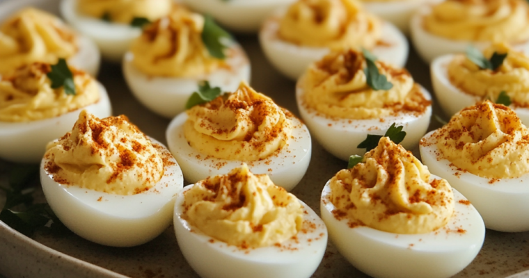 A platter of creamy deviled eggs topped with paprika and garnished with parsley.