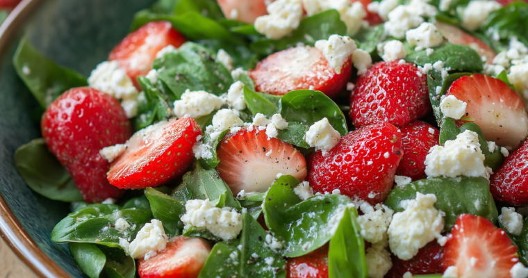 Fresh strawberry spinach salad with crumbled feta cheese in a ceramic bowl on a rustic wooden table