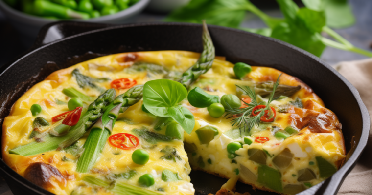 Frittata with spring vegetables in a cast iron skillet, garnished with asparagus, peas, and fresh herbs