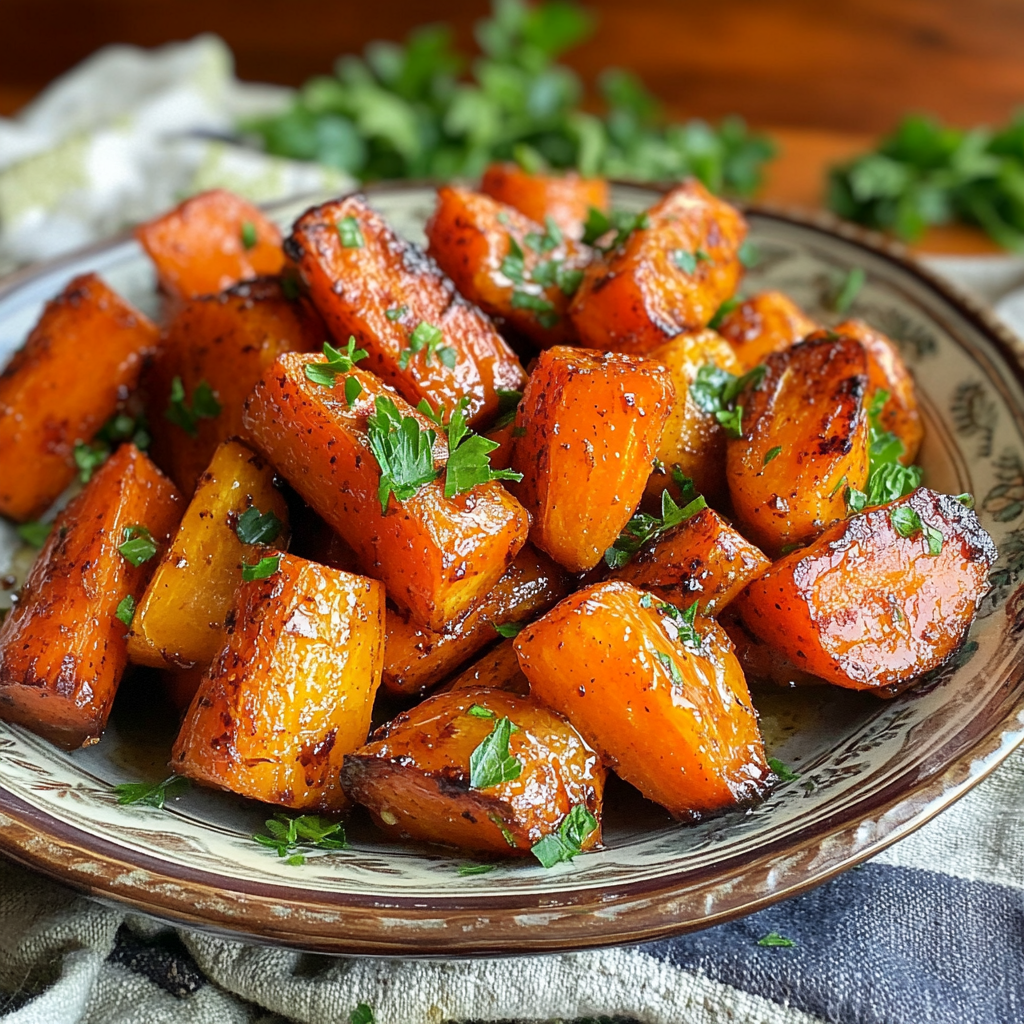 Honey roasted carrots served on a rustic plate, garnished with chopped parsley.
