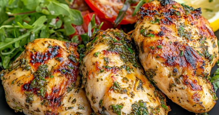 Grilled lemon herb chicken breast served with arugula salad, cherry tomatoes, and lemon slices on a black plate.