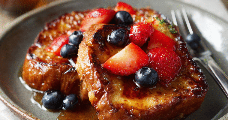 Classic French toast topped with powdered sugar, chocolate drizzle, fresh mint, and strawberries on a brown plate