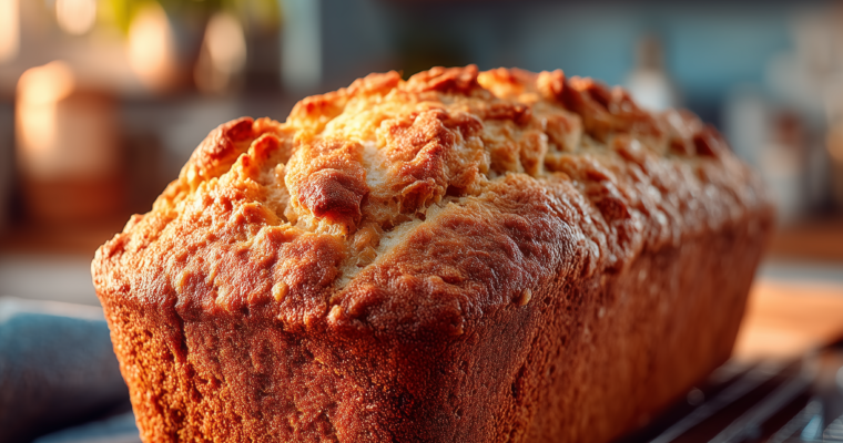 A golden loaf of moist banana bread cooling on a wire rack in a cozy kitchen