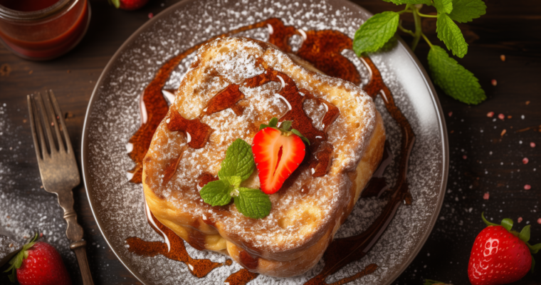 Classic French toast topped with powdered sugar, chocolate drizzle, fresh mint, and strawberries on a brown plate
