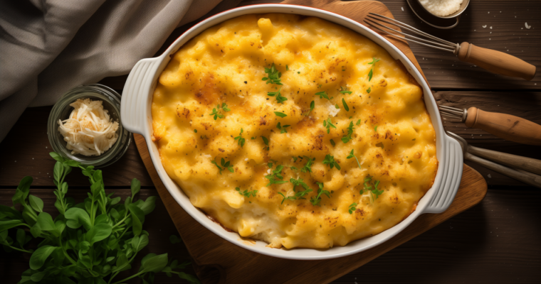 Overhead view of golden baked mac and cheese in a rustic white casserole dish, garnished with fresh herbs