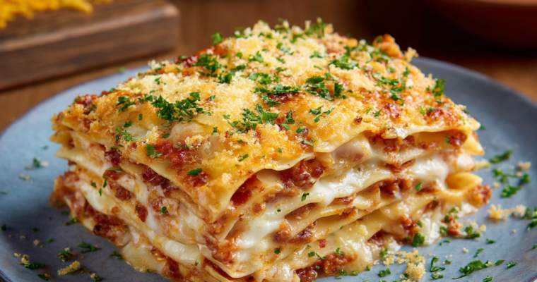 Homemade lasagna slice on a blue plate, layered with meat sauce, melted cheese, and garnished with chopped parsley.