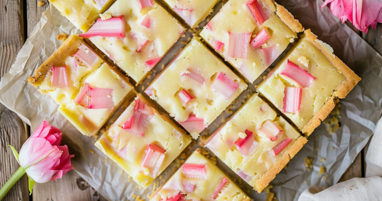 Rhubarb custard bars on a wooden background with pink tulips – Elevate Kitchen